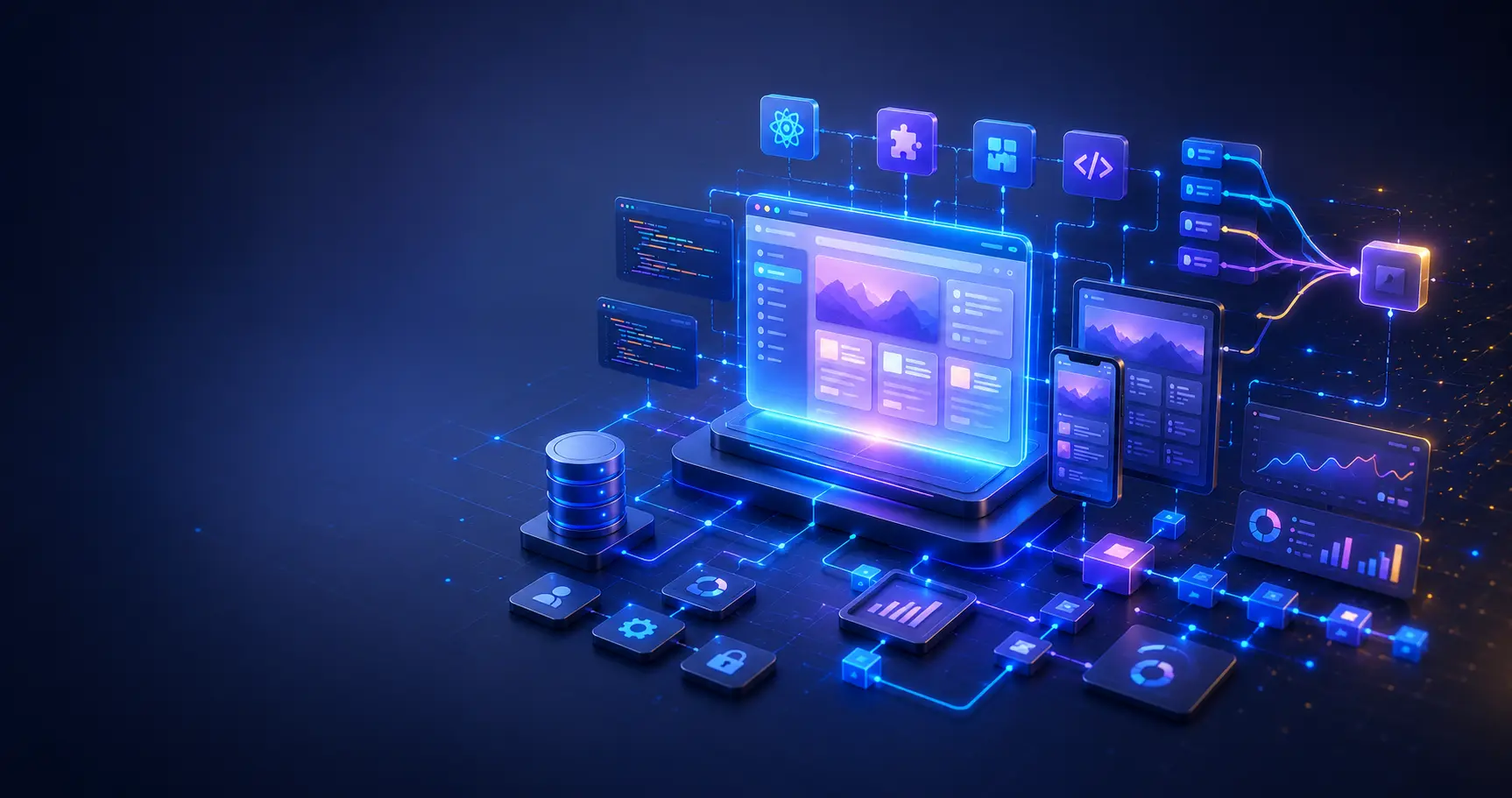 Des symboles représentant la conception d'une application web sur mesure