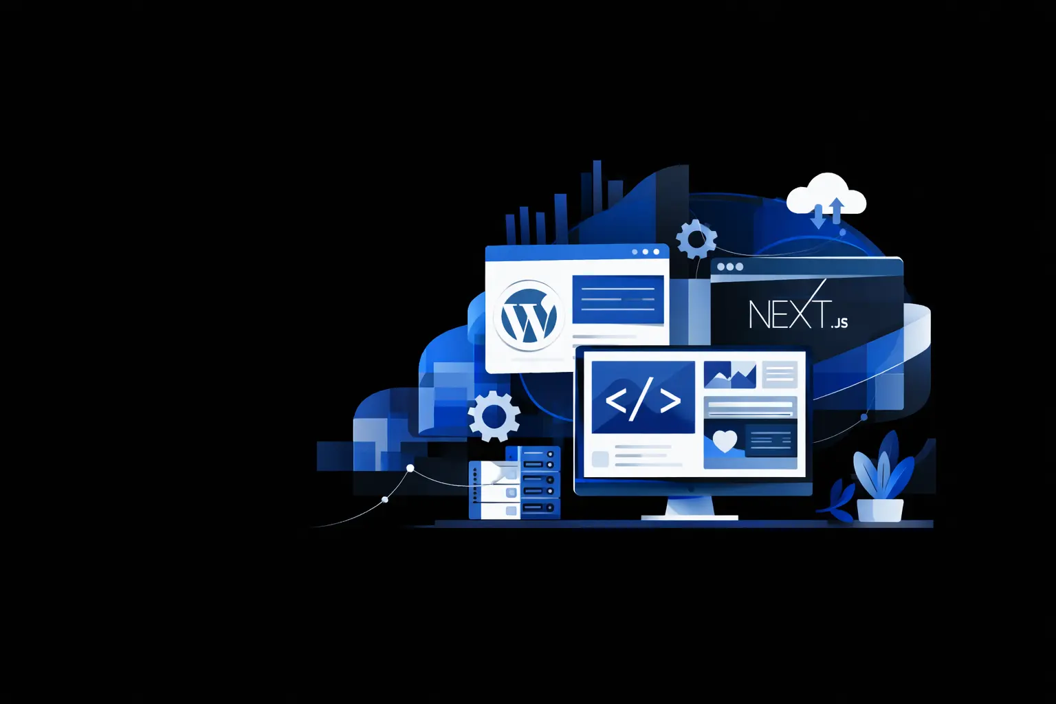 Illustration composée de plusieurs écrans et éléments web interconnectés avec les logos WordPress et Next.js