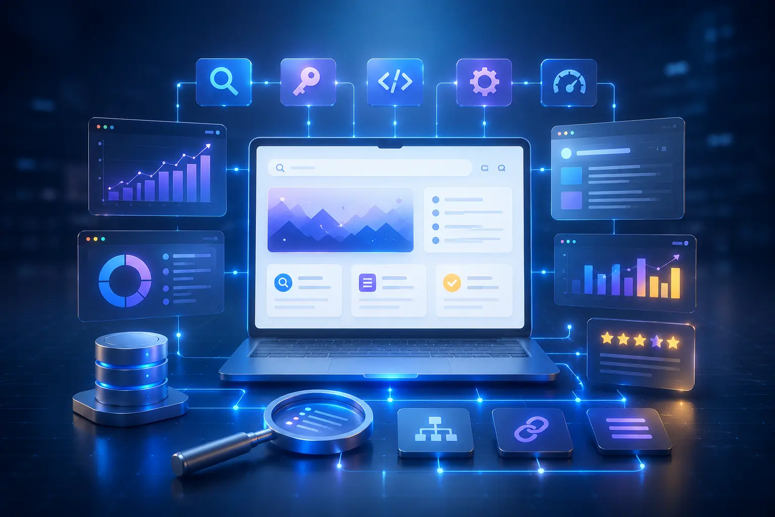 Tableau de bord numérique futuriste avec graphiques et statistiques SEO