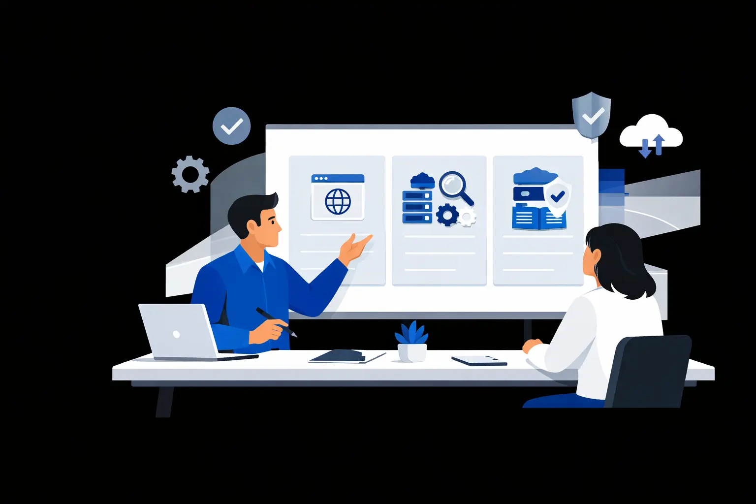 Illustration vectorielle représentant un homme et une femme autour d'un bureau étudiant des tableaux d'offres et de tarifs