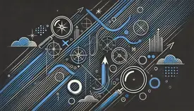 Représentation abstraite d'un projet digital, avec des éléments graphiques et des symboles de recherche de solution