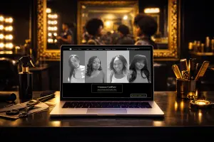 Un ordinateur portable intégré dans un décor de salon de coiffure, avec une interface de réservation de rendez-vous affichée à l’écran
