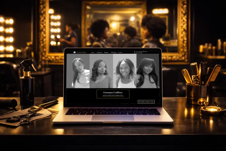 Mockup du projet Gnouma Coiffure affiché sur un ordinateur portable, avec une interface de réservation de rendez-vous visible à l’écran