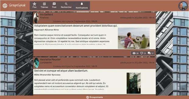 Vue desktop du projet Groupomania, affichage de tous les posts