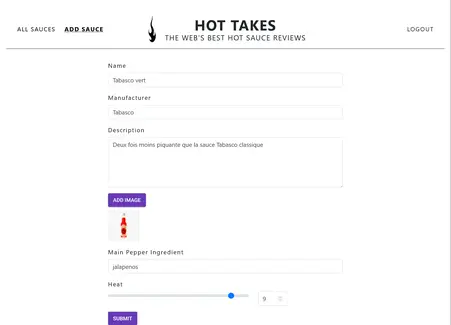 Projet HotTakes, aperçu de l’ajout d’une sauce sur desktop