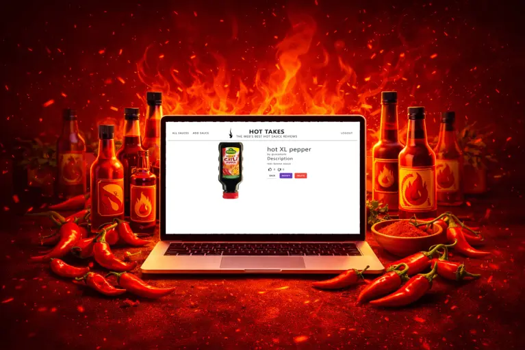 Mockup du projet HotTakes affiché sur un ordinateur portable, avec une interface de gestion de sauces piquantes visible à l’écran
