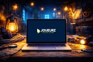 Un ordinateur portable intégré dans un décor de jeu d'escape game, avec, le logo de Joueurz affiché à l’écran