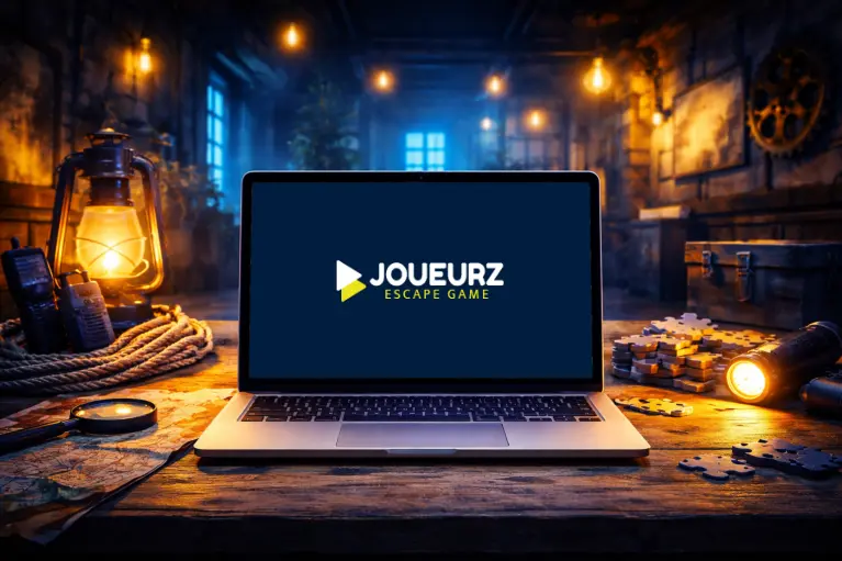 Mockup du projet Joueurz affiché sur un ordinateur portable, avec le logo de Joueurz Escape Game visible à l’écran