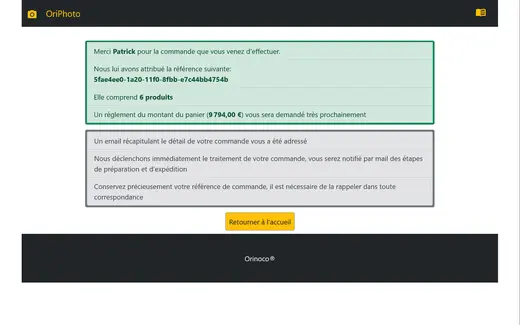 Projet Orinoco, aperçu de la confirmation de commande sur desktop