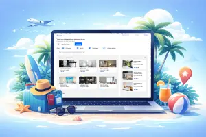 Un ordinateur portable intégré dans un décor de vacances, avec une interface de réservation de vacances affichée à l’écran