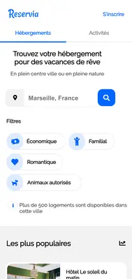 Vue mobile du projet Reservia - haut de la page